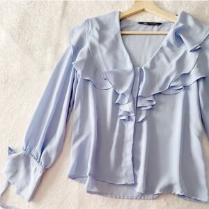 Zara Soft Blue Ruffled Blouse Top XL